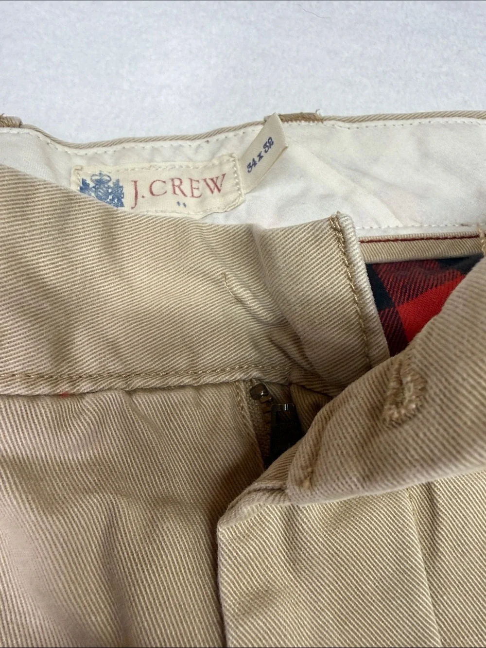 J. Crew Tan Chinos with Red Plaid Lining